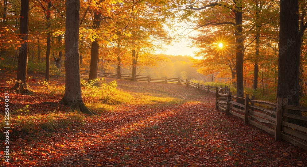 Obraz premium Autumn Sunset Path in Golden Forest Landscape
