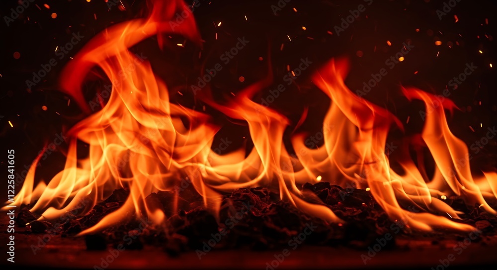 Fototapeta premium Fiery Embers and Flames Burning Brightly at Night