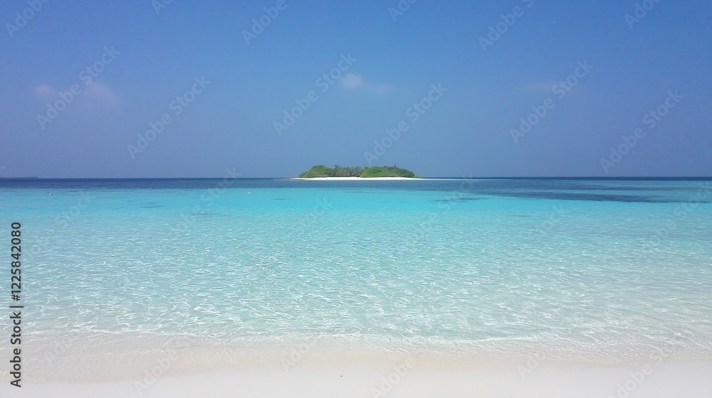 Obraz premium A tranquil island in a vast ocean under a clear blue sky showcasing a serene tropical paradise