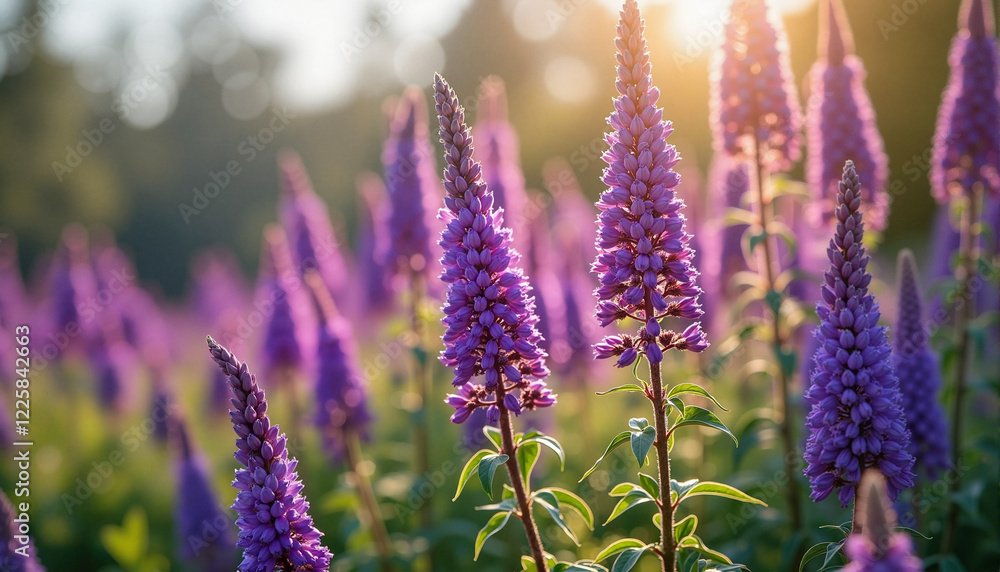Fototapeta premium Purple flowering plants illuminated by soft sunlight in a vibrant garden setting