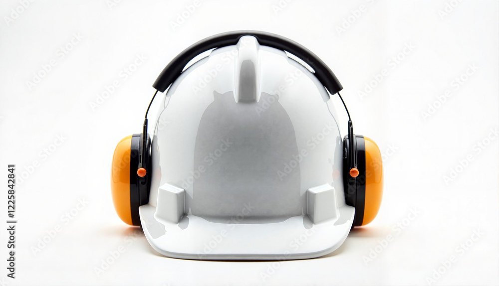 White safety helmet with ear protection on a white background with copy space White safety helmet with ear protection on a white background with copy space