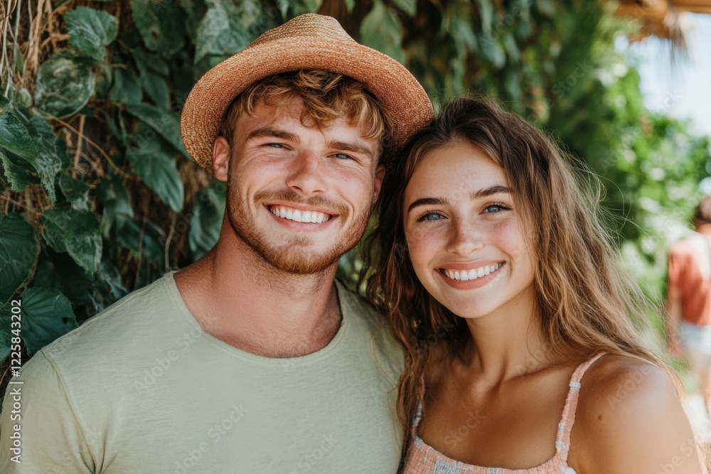 Fototapeta premium young man and a woman smile at the camera. woman is wearing a yellow hat. scene is fun and relaxed. vacations, adventures. couple on summer vacation