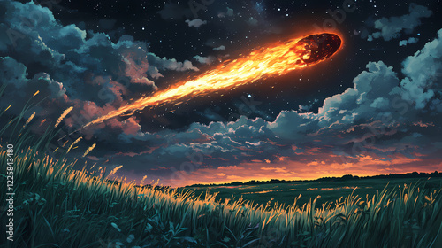 A fiery tiamat comet approaches earth, its vivid tail lighting up the dark sky and casting an ethereal glow over a serene grassy plain, in anime style. Galactic Plains. Illustration photo