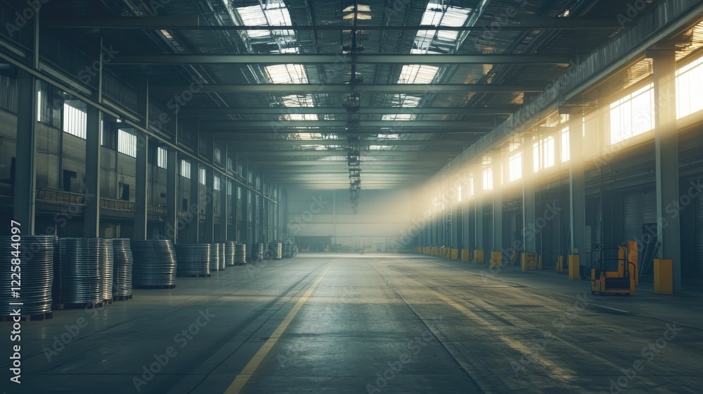Obraz premium Neatly stacked metal sheets in an industrial warehouse, with rows of steel materials under a spacious ceiling.