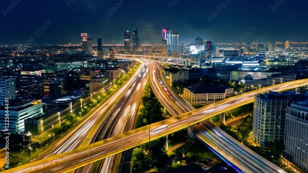 Modern cityscape with illuminated highways at night Modern cityscape with illuminated highways at night