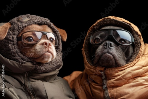 Two dogs, pilots or astronauts in protective glasses and jackets pose for a photo shoot. portet, a difficult job