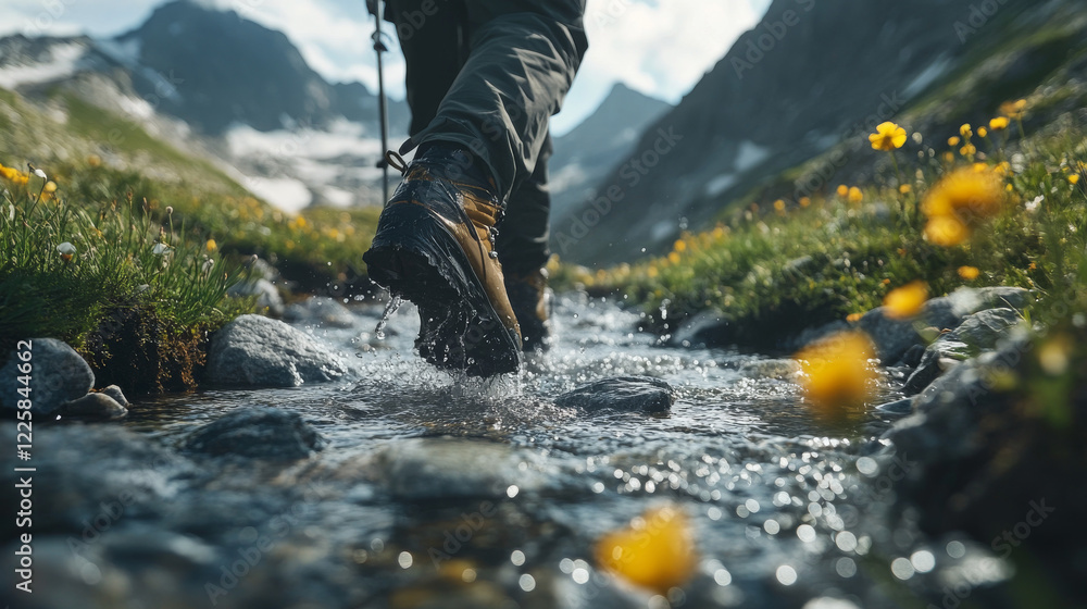 A hiker wearing the boots is crossing a shallow stream, showcasing their endurance in tough environments. A hiker wearing the boots is crossing a shallow stream, showcasing their endurance in tough environments.