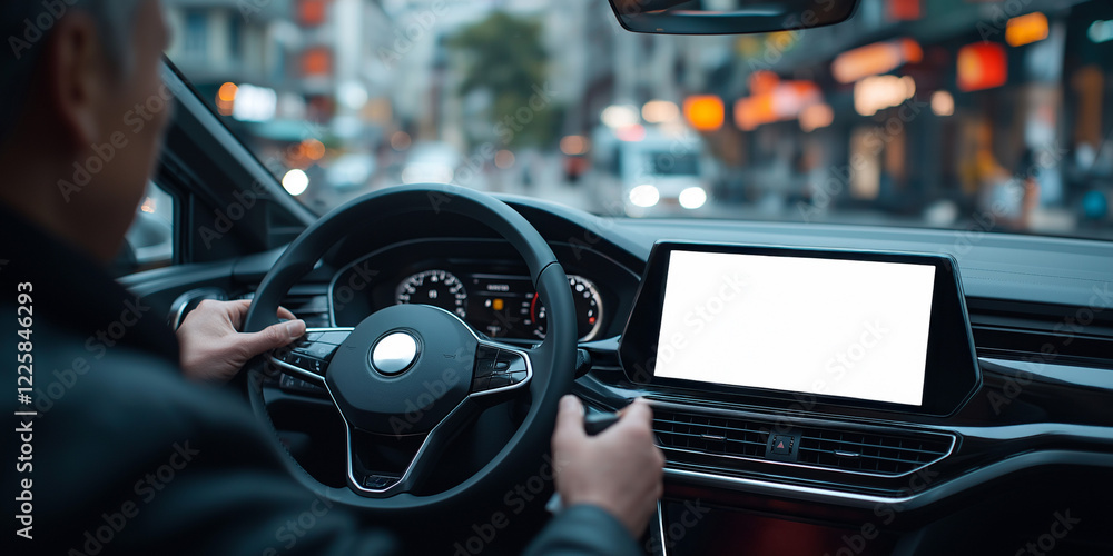 Naklejka premium Back seat view of driver using car dashboard gps navigation on dashboard in urban city street