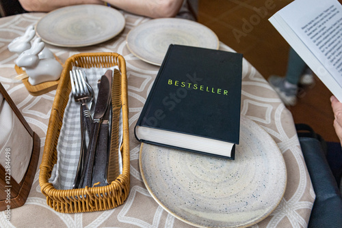 In a restaurant, on the table is a book with the inscription 