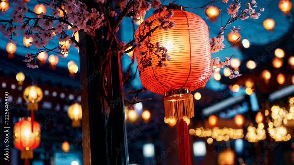 Enchanting Japanese lantern festival at night. Cherry blossoms and glowing paper lanterns create magical atmosphere. Traditional Asian celebration in spring Enchanting Japanese lantern festival at night. Cherry blossoms and glowing paper lanterns create magical atmosphere. Traditional Asian celebration in spring