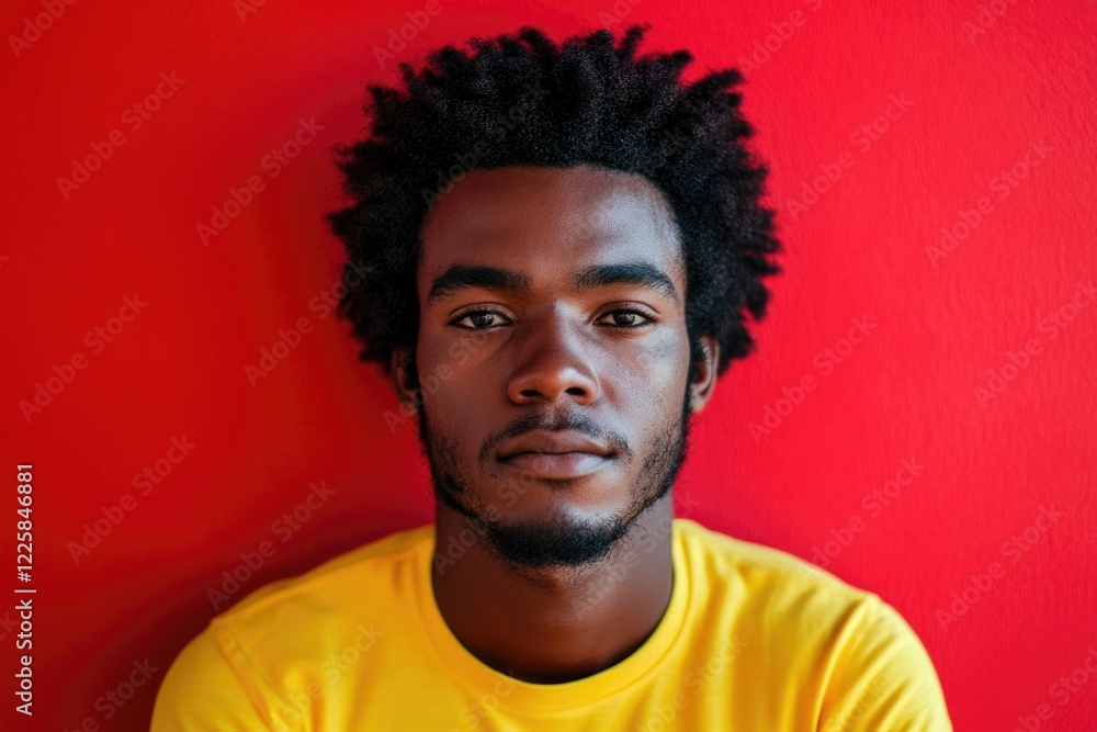Obraz premium A close-up portrait of a young man exuding confidence, his intense gaze contrasting beautifully against a vivid red background, evoking emotions of strength and contemplation.