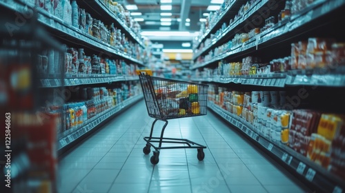 KUALA LUMPUR, MALAYSIA - DECEMBER 26, 2023: Shopping cart trolley with a product on shelves at aisle of grocery store supermarket. Buying product item with variety of choice.