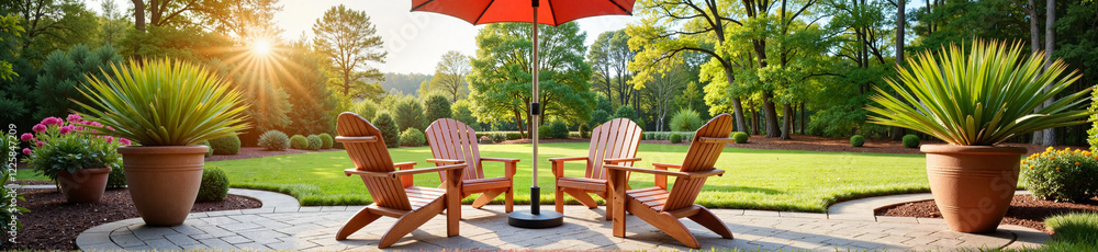 Serene backyard chairs under patio umbrella in morning light, relaxation
