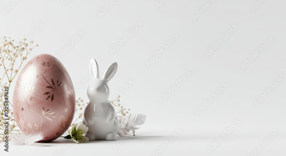 A pink Easter egg with gold engraving and a ceramic white rabbit on a white background. Easter concept. A pink Easter egg with gold engraving and a ceramic white rabbit on a white background. Easter concept.