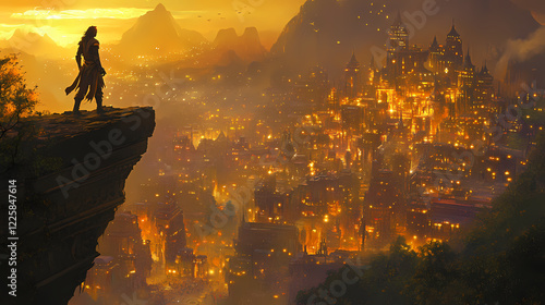 Lone rogue hero perched on a crumbling ledge overlooking a futuristic city bathed in golden lights. Gilded Ridge. Illustration photo