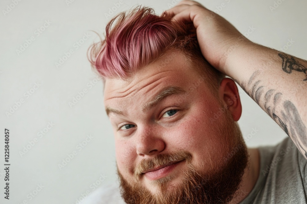 Obraz premium A playful image of a charming man showcasing a vibrant pink hairstyle, smiling and engaging viewers with lighthearted charm and positive energy in a minimalist setting.