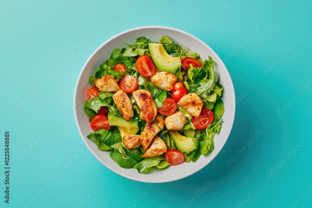 An appetizing salad featuring grilled chicken pieces, fresh greens, and cherry tomatoes in a spacious bowl set against a vibrant turquoise backdrop, promoting healthy eating choices. An appetizing salad featuring grilled chicken pieces, fresh greens, and cherry tomatoes in a spacious bowl set against a vibrant turquoise backdrop, promoting healthy eating choices.