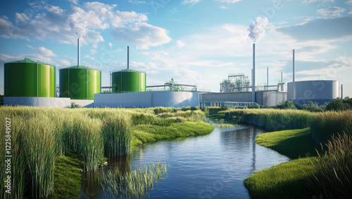 Modern biogas plant showcases innovative biofuel technology amidst vibrant natural landscape and clear blue skies 
