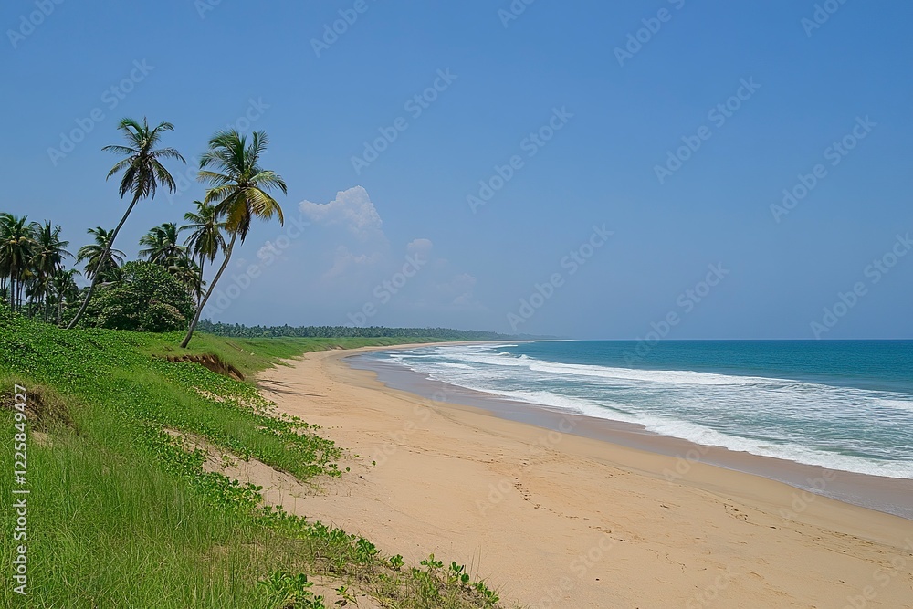 Serene Tropical Beachscape: Palm Trees, Golden Sands, Azure Sea Serene Tropical Beachscape: Palm Trees, Golden Sands, Azure Sea