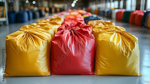 Colorful fabric beanbag filling bags in factory.  Production line background. Stock photo photo