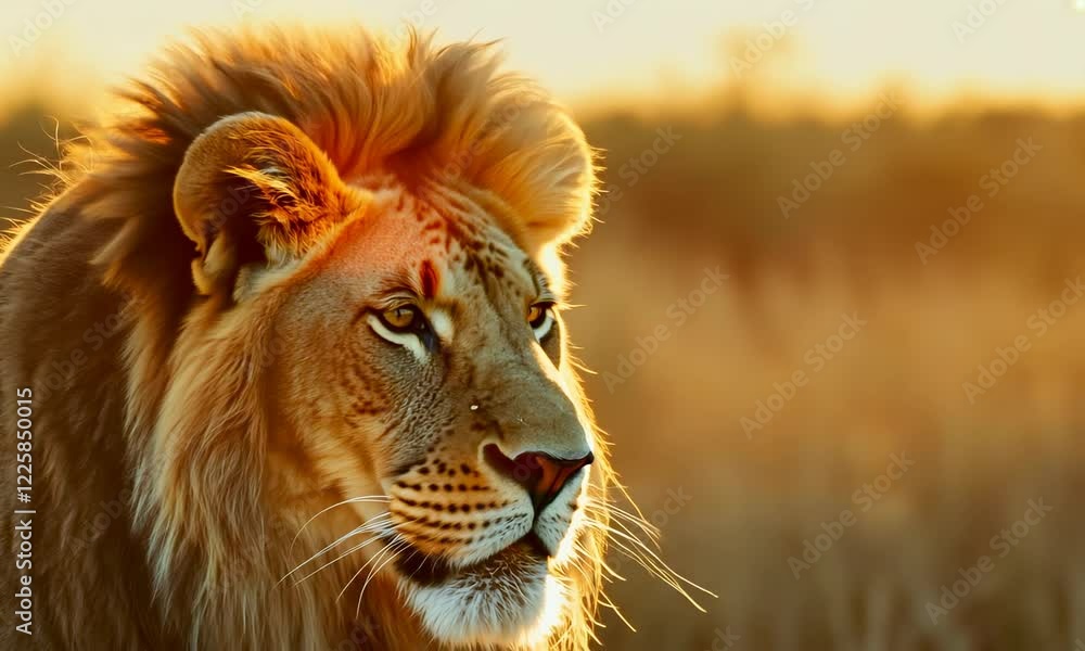 Majestic Lion at Golden Hour: Close-Up in the African Savanna Majestic Lion at Golden Hour: Close-Up in the African Savanna