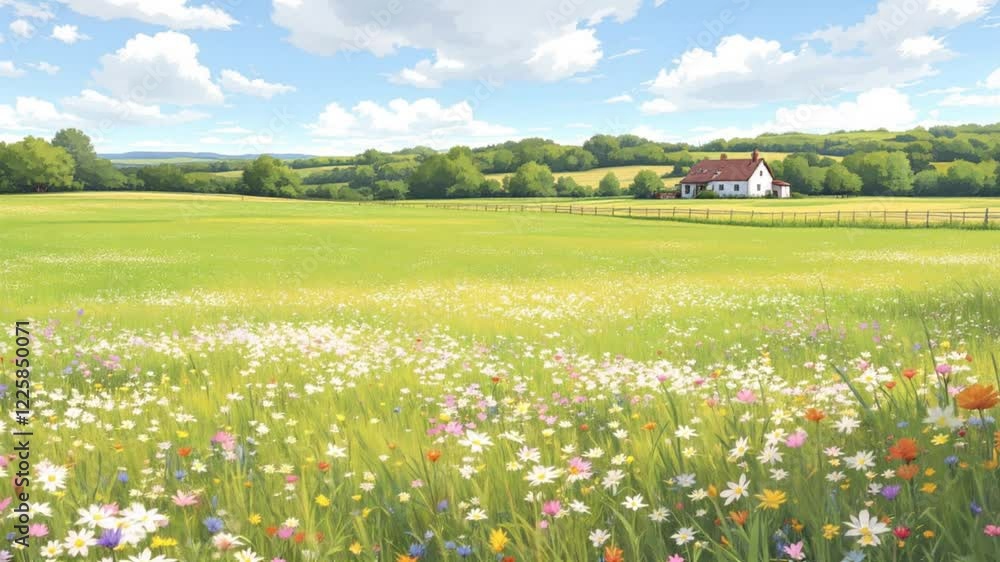 Summer's Day in the English Countryside: A picturesque scene of a flower-filled meadow and a charming cottage. Summer's Day in the English Countryside: A picturesque scene of a flower-filled meadow and a charming cottage.