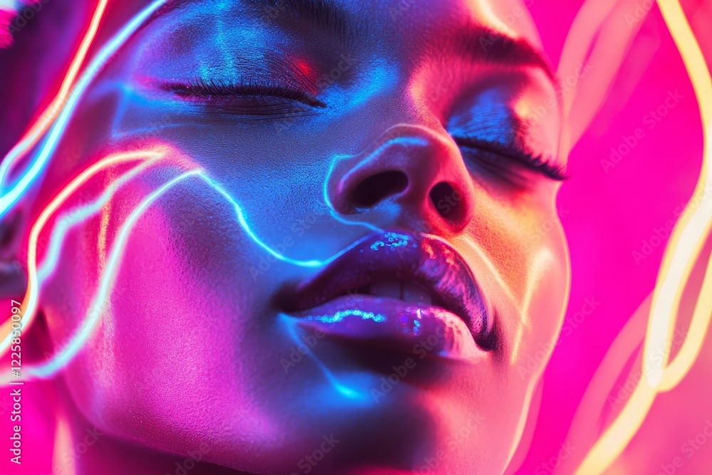 Person with eyes closed, neon lights on skin. Person with eyes closed, neon lights on skin.