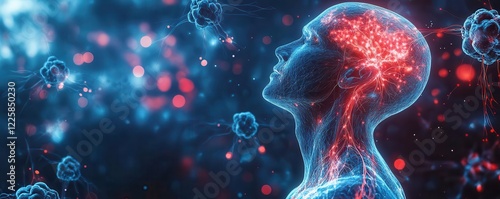 Infographic depicting nerves impacted by Guillain-Barre Syndrome, with a medical theme in blue and red colors.