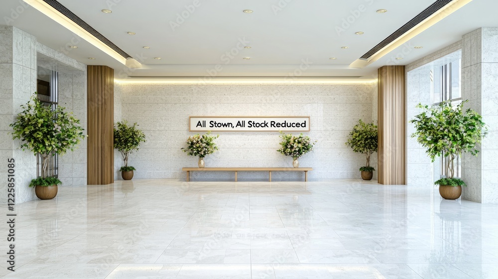 Fototapeta premium Modern lobby interior design, sale sign, plants, marble floor, bright lighting, commercial space