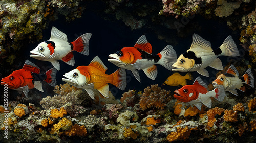 Colorful fish schooling in coral reef, underwater scene, ocean life, marine wildlife, nature photography, suitable for aquariums or nature documentaries photo