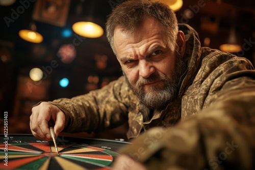 man is playing darts with a wooden target with a black and brown bull's-eye and a red dot in the center. There is a dart sticking out of the apple, success is victory, hitting the target photo