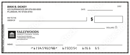 Bank check, vector blank money cheque, checkbook template with guilloche pattern and fields. Currency payment coupon, money check background