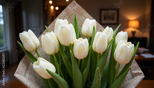 White tulips arranged in a bouquet indoors