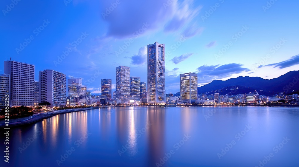 Fototapeta premium Yokohama city skyline at twilight, reflecting in calm waters, mountains in background; ideal for travel brochures