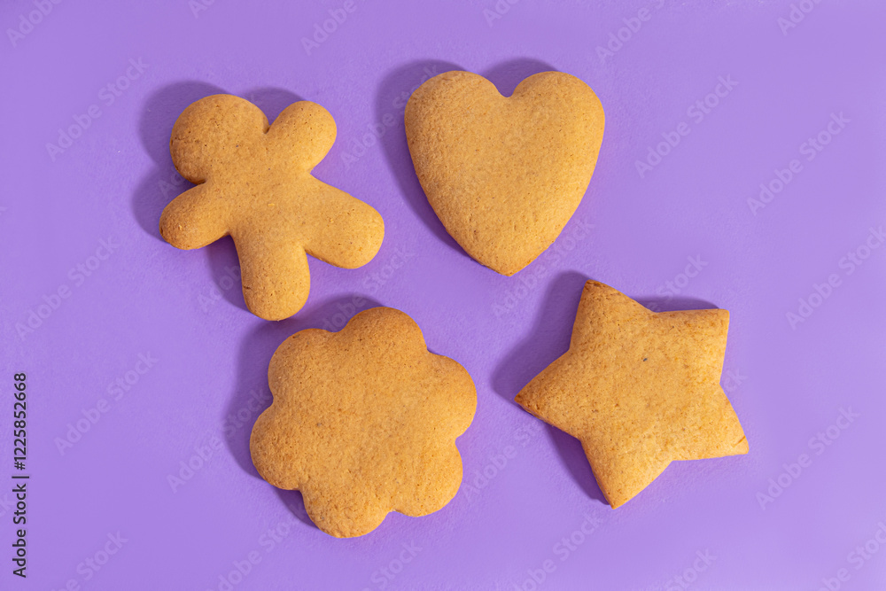 Homemade gingerbreads or cookies on purple background. Gingerbread cookies of different shapes Homemade gingerbreads or cookies on purple background. Gingerbread cookies of different shapes