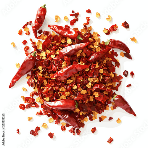 Dried Red Chilli Pepper Flakes with Seeds Isolated on a white background dynamic seasoning splatter. Vector illustration