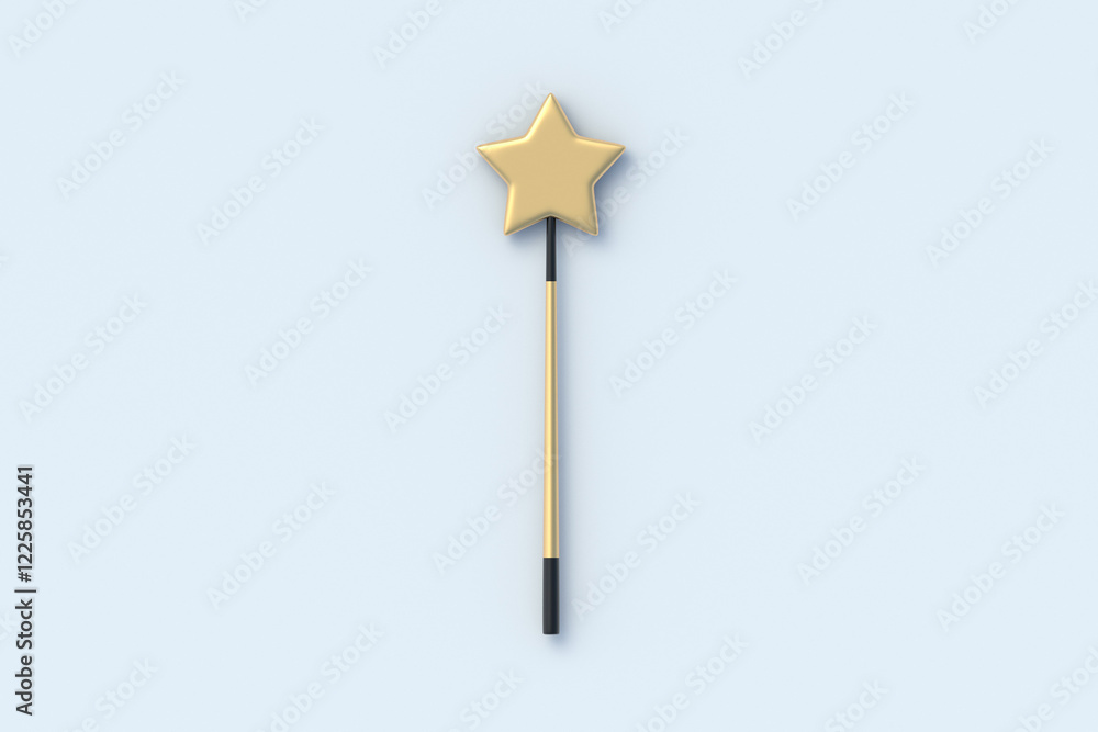Golden magic wand with star on light gray background. Fairy stick. Top view. 3d render Golden magic wand with star on light gray background. Fairy stick. Top view. 3d render