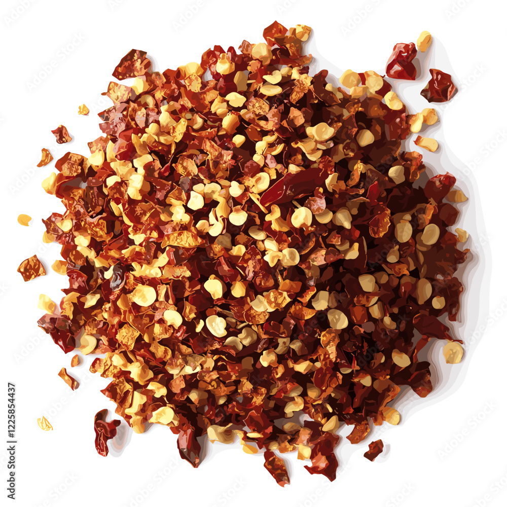 Dried Red Chilli Pepper Flakes with Seeds Isolated on a white background dynamic seasoning splatter. Vector illustration