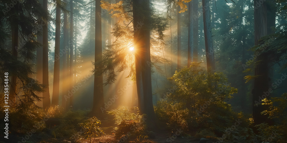 Naklejka premium Golden sunbeams illuminating misty redwood forest at sunrise