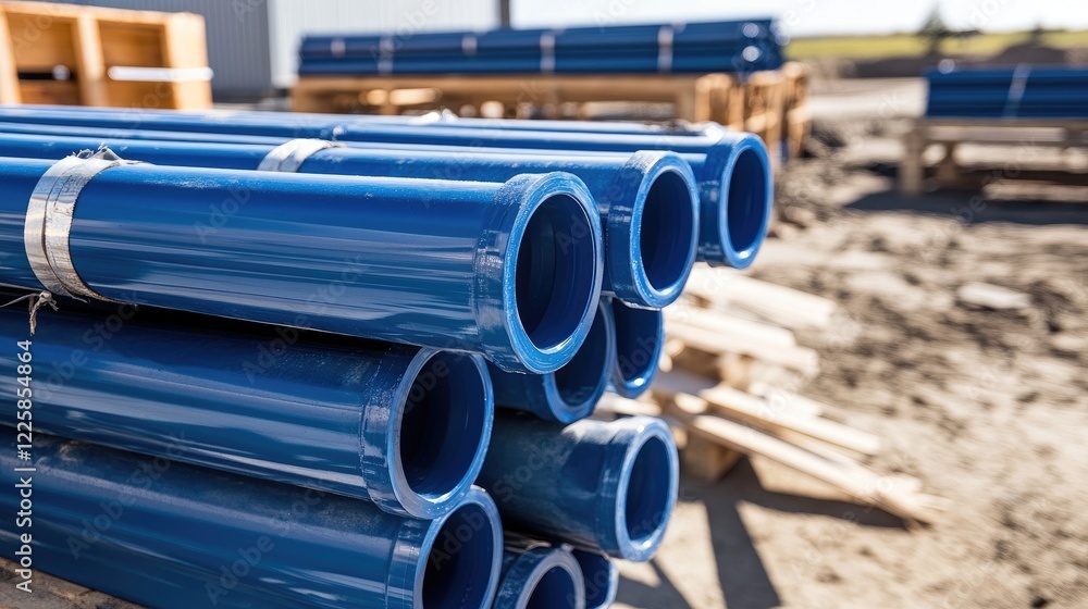 Close-up of blue PVC plumbing pipes stacked on wooden pallets at a construction site, representing industrial materials and infrastructure. Close-up of blue PVC plumbing pipes stacked on wooden pallets at a construction site, representing industrial materials and infrastructure.