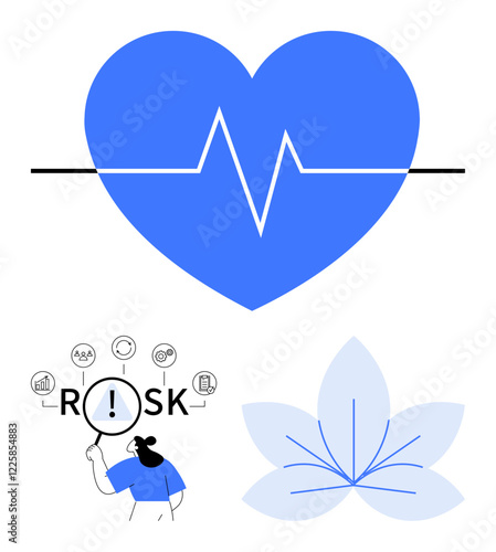 Blue heart with heartbeat line, magnifying glass inspecting risk icons, and lotus flower outline. Ideal for health, wellness, risk management, mindfulness, calmness, diagnostics abstract line flat