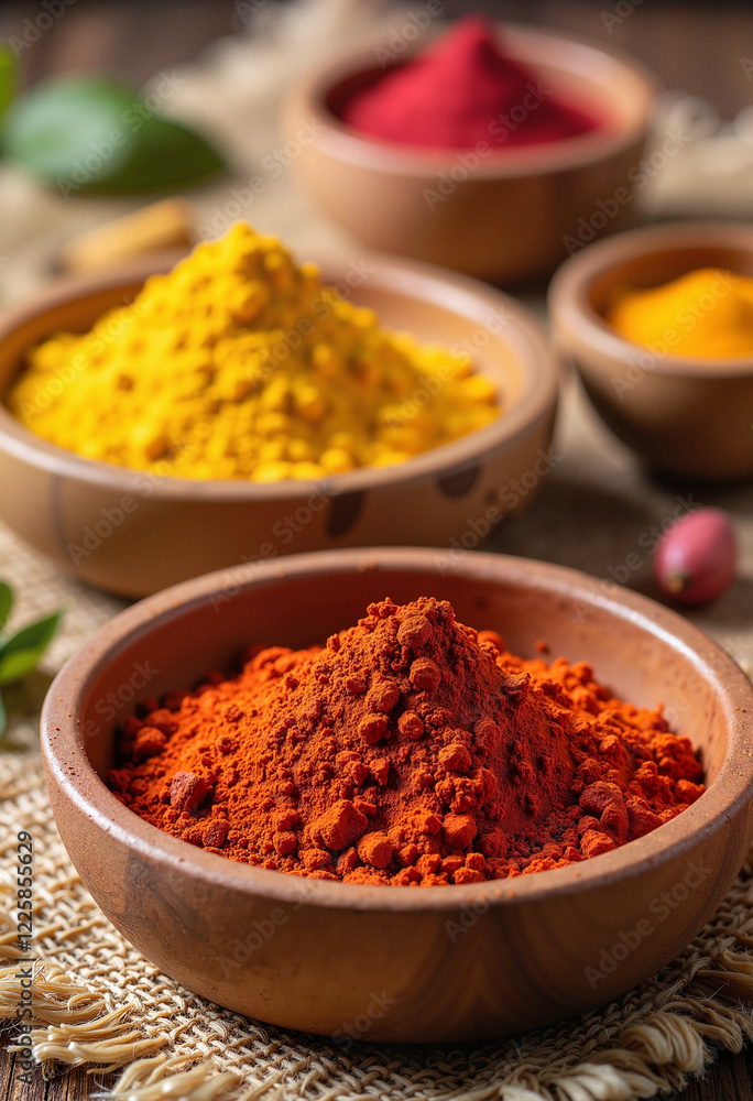 Colorful spices in wooden bowls on rustic background Colorful spices in wooden bowls on rustic background