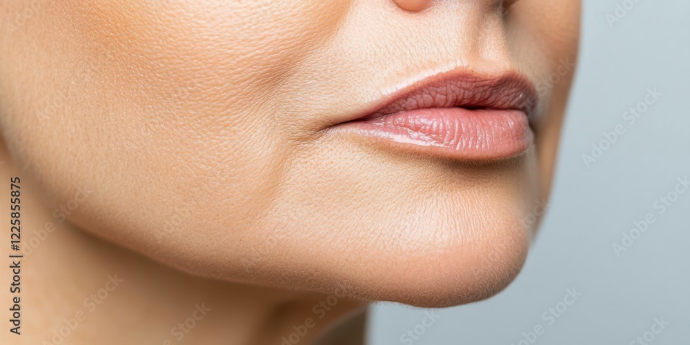 Obraz premium A detailed profile view of a middle-aged woman’s lips and chin, highlighting skin texture and natural beauty.