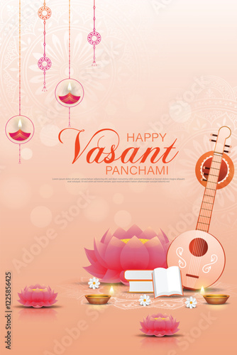 Happy Vasant Panchami - poster template design with veena and book with decorative diya lamp.