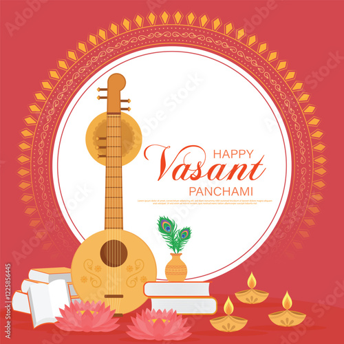 Happy Vasant Panchami - poster template design with veena and book with decorative diya lamp. photo