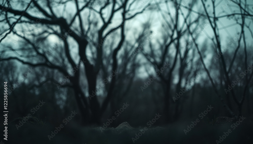 Misty dark forest with bare trees in eerie atmosphere Misty dark forest with bare trees in eerie atmosphere