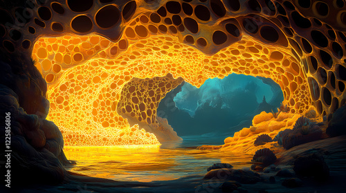 Golden grotto: a mesmerizing digital art landscape of a cavern glowing with intricate, golden honeycomb-like structures. the scene evokes a sense of mystery and wonder. Golden Cavern. Illustration photo