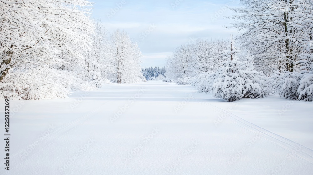 Snowy path through winter forest, bright sunlight, peaceful scene, ideal for winter wonderland themed designs Snowy path through winter forest, bright sunlight, peaceful scene, ideal for winter wonderland themed designs