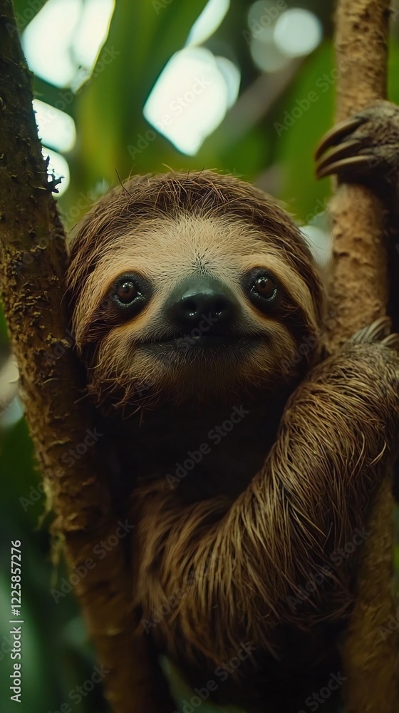 Fototapeta premium HD Phone Wallpaper Adorable Three Toed Sloth Hanging on Tree Branch in Lush Rainforest Habitat