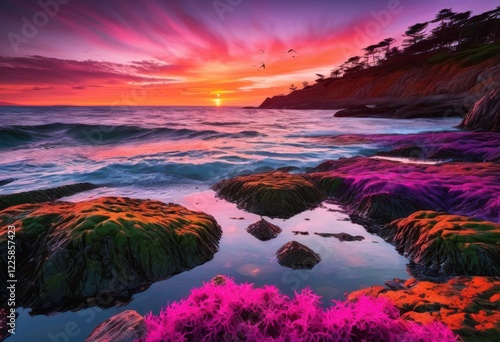 stunning coastal landscapes sunset vibrant colors reflective water creating serene seaside atmosphere, beach, coastline, horizon, seascape, reflection, sky
